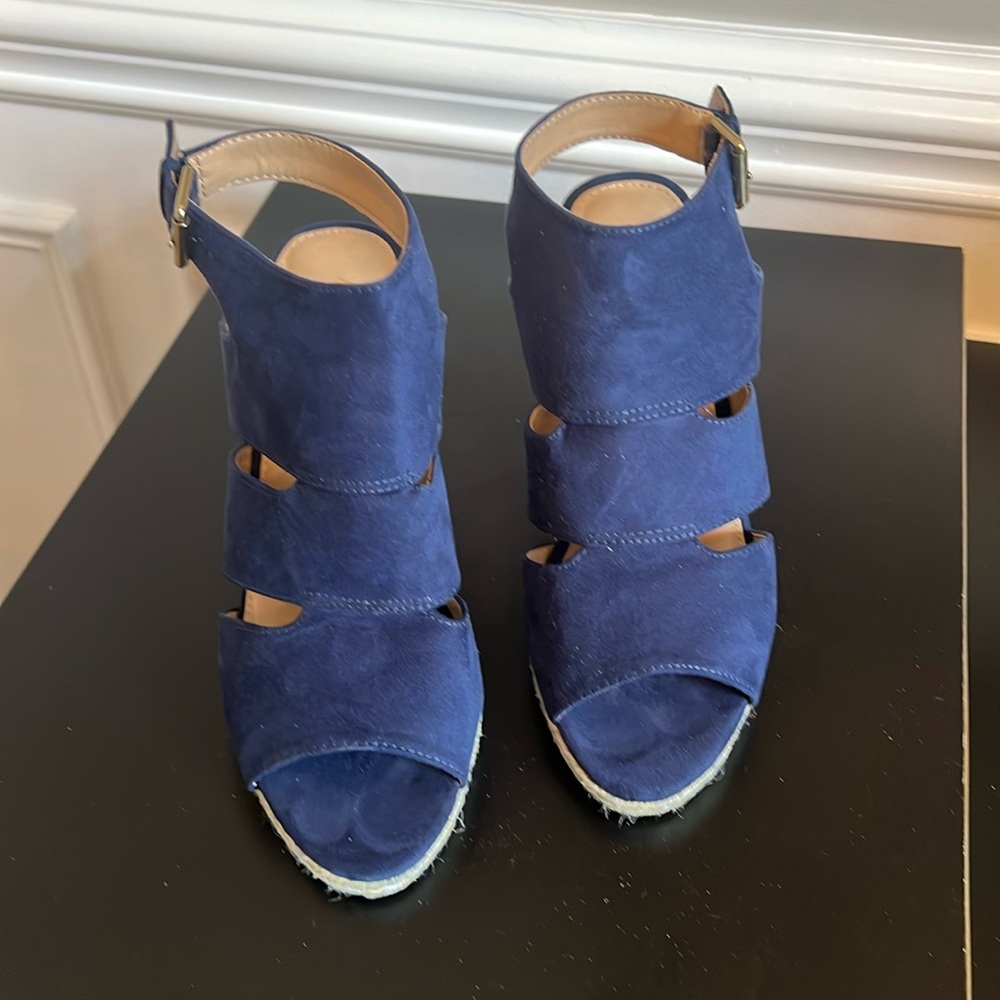 Women’s Sandal in Royal Blue suede with a wedge heel it buckle on the side